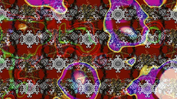 Çok renkli, kırmızı ve kahverengi zarif küçük çiçekler ve gri, kırmızı ve kahverengi renkli komik böcekler, raster deseni, illüstrasyon.