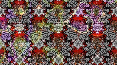 Gri renkli çiçekler. Raster illüstrasyonu. Asya tekstil tarzında. Raster illüstrasyonu. Çiçek desenini çiz.