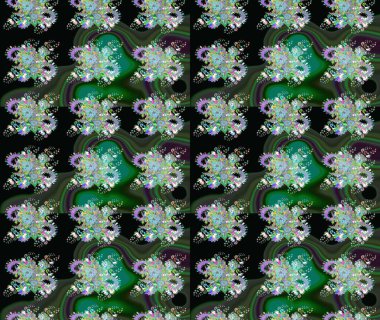 Raster Floral Illustration, Asyalı tekstil. Yeşil ve siyah renkte etnik çiçeklerle süslenmiş zarif bir eskiz..