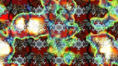 Çiçek süslemeli çizim deseni. Yeşil ve kırmızı renkte çiçekler. Raster illüstrasyonu.