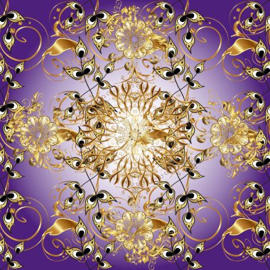 Mor ve nötr renklerde desen. Kına dövmeli süs çiçekleri, altın çıkartmalar, mehndi ve yoga tasarımı, kartlar ve parmak izleri. Altın mehndi kusursuz desen.