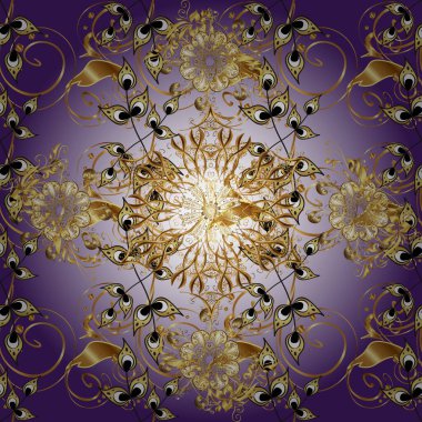 Mor ve nötr renklerde altın element. Damask pürüzsüz yineleme kalıbı. Barok tarzında altın çiçekli süs. Antika altın tekrarlanabilir duvar kağıdı.