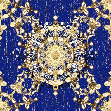 Barok tarzında duvar kağıdı tasarımı için kusursuz damaske deseni arkaplanı. Altın elementlerle beyaz ve mavi renklerde altın desen. Süsleme vektör dekorasyonu.