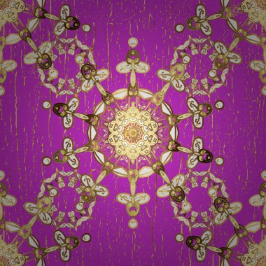 Vektör altın mehndi kusursuz desen. Menekşe ve bej rengi desen. Kına dövmeli süs çiçekleri, altın çıkartmalar, mehndi ve yoga tasarımı, kartlar ve parmak izleri..