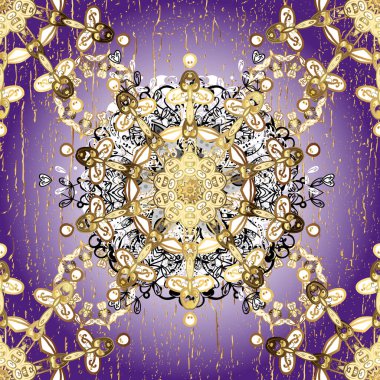 Lüks, kraliyet ve Viktorya dönemi konsepti. Mor ve nötr renklerde altın element. Süslü vektör dekorasyonu. Klasik barok çiçekli, mor ve nötr yerine altın desenli..