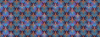 Moda baskıları için zarif bir şablon. Halk tarzı. Parlak renkli çiçekleri ve mavi yaprakları olan harika bir çiçek deseni. Modern çiçek arkaplanı.