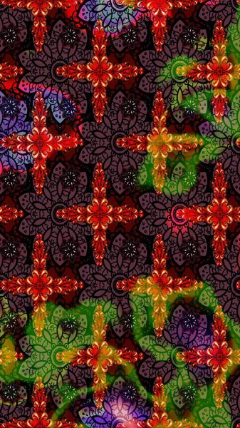 Raster Çiçek İllüstrasyonu 'nun şirin tekstili. Kahverengi renkli etnik çiçeklerle zarif bir eskiz deseni..