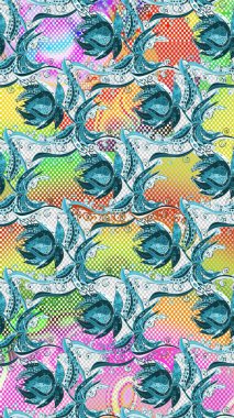 Çiçekler suluboya tarzında mavi, nötr ve gri renklerde. Mavi, nötr ve gri renkli çiçekli el deseni.