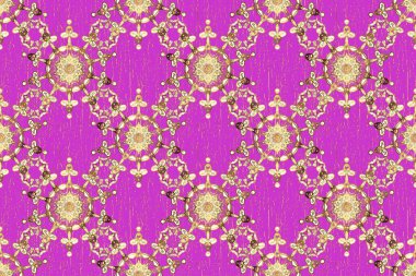 Kusursuz damaske klasik altın desen. Tekrarlayan elementlerle soyut arkaplan. Mor ve bej renklerde altın rengi ve altın elementler üzerinde altın pürüzsüz desen.