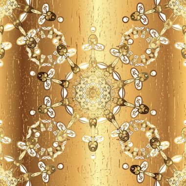 Sembol bayramı, yeni yıl kutlamaları, altın desenler. Kahverengi ve bej renkli altın kar taneleri. Kış kar dokusu duvar kağıdı. Noel altın kar taneleri kusursuz desen.