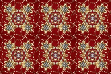 Raster illüstrasyonu. Kart, duvar kağıdı, ambalaj ve tekstil için klasik tasarım. Kırmızı ve bej renklerde Royal retro. Klasik çiçek dokusu. Kusursuz desenli altın elementler. Altın şablon.