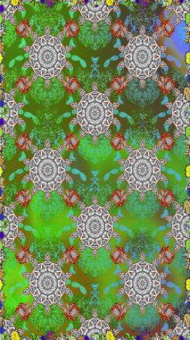 Çiçekli karalama şeklinde Raster çiçek deseni. Yeşil ve gri renkli çiçekler. Nazik, narin çiçek arkaplanı.