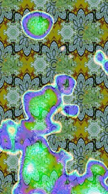 Raster Floral Illustration, Asyalı tekstil. Yeşil renkli etnik çiçeklerle zarif eskiz deseni.