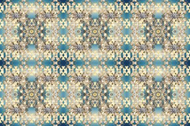 Kusursuz damaske klasik altın desen. Tekrarlayan elementlerle soyut arkaplan oluşturun. Raster illüstrasyonu. Bej, nötr ve mavi renklerde altın sarısı elementlerle altın pürüzsüz desen.