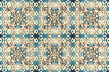 Kusursuz damaske klasik altın desen. Tekrarlayan elementlerle soyut arkaplan oluşturun. Raster illüstrasyonu. Bej, nötr ve mavi renklerde altın sarısı elementlerle altın pürüzsüz desen.