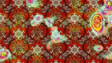 Çok kahverengi ve kırmızı zarif küçük çiçekler ve kahverengi ve kırmızı renkli komik böcekler, raster desen, illüstrasyon.