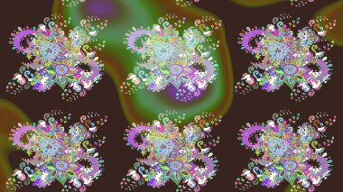 Raster düz çiçek çizim deseni. Hediye ambalaj kağıdı, tebrik kartları, posterler ve pankart tasarımı. Mor ve yeşil renkte çiçekler.