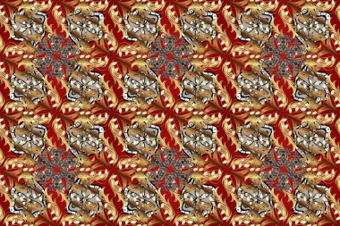 Kusursuz altın desenli bukleler. Raster altın desen. Raster illüstrasyonu. Kahverengi, kırmızı ve bej renkler ve altın elementler. Doğu tarzı arabesk.