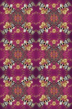 Mor, kahverengi ve bej renklerdeki altın desenli altın elementler. Arkaplan, kumaş, altın duvar kağıdı. Düz elle çizilmiş klasik koleksiyon. Raster altın pürüzsüz desen.