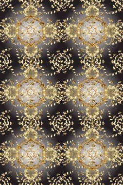 Altın karalama fantezi yapraklarından Raster soyut çiçek çelengi ve gri ve kahverengi renkte çiçek. El yapımı dekoratif çerçeve, albüm kapağı, tebrik kartı, klasik Art deco tarzı.