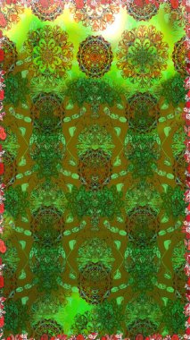 Halk tarzı. Parlak renkli çiçekleri ve yeşil ve kahverengi renkte yaprakları olan şaşırtıcı, pürüzsüz çiçek deseni. Moda baskıları için zarif bir şablon. Modern çiçek arkaplanı.