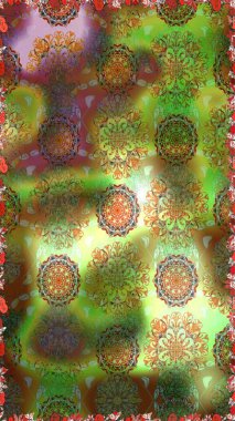 Yeşil ve kahverengi renkli çiçekler. Raster illüstrasyonunda kusursuz çiçek deseni.