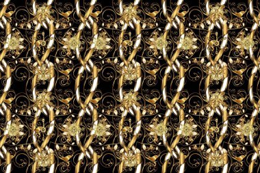 Sembol bayramı, yeni yıl kutlamaları, altın desen. Noel altın kar tanesi kusursuz desen. Kış kar dokusu duvar kağıdı. Kahverengi ve siyah renkte altın kar taneleri.