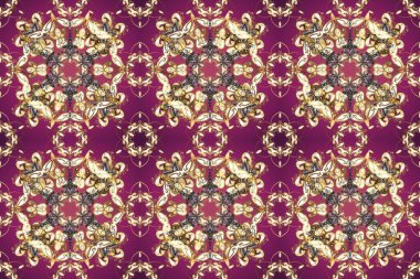 Geleneksel oryantasyon süsü. Klasik klasik klasik arka plan. Klasik raster sarısı, kusursuz desen. Mor, bej ve kahverengi renklerde altın elementlerle kusursuz desen.