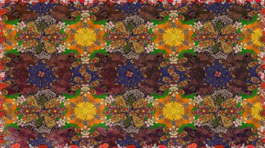 Eskiz geçmişi. Kumaş, tekstil, duvar kağıdı baskısı için. Raster illüstrasyonu. Eski usul. Renkli desenli eskiz deseni, kahverengi ve yeşil çiçekler ve dekoratif elementler.