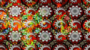 Halk tarzı. Moda baskıları için zarif bir şablon. Modern çiçek arkaplanı. Parlak renkli çiçekleri olan ve siyah ve kırmızı renkte yaprakları olan muhteşem bir çiçek deseni..