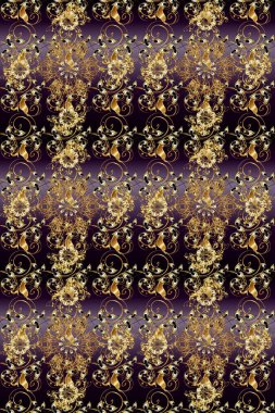 Barok tarzında altın çiçekli süs. Kahverengi ve siyah renklerde altın element. Damask pürüzsüz yineleme kalıbı. Antika altın tekrarlanabilir duvar kağıdı.