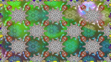 Patlayan çiçekler soyut olarak yerleştirilmiş. Raster illüstrasyonu. Raster deseni. Yeşil ve gri renklerde bahar çiçekleri..