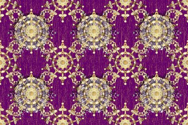 Mor ve beyaz renklerde altın elementlerle kusursuz desen. Kusursuz klasik raster altın desenli. Klasik klasik klasik arka plan. Geleneksel oryantasyon süsü.