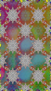 Parlak renkli fantezi çiçekleri, yapraklar, gri ve kahverengi renkli tomurcuklar, gri ve kahverengi. Çiçeksiz desenli, suluboya elle çizilmiş elementler..