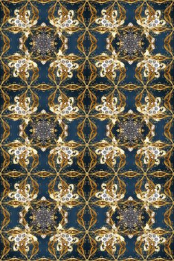 Raster oryantal süs. Kusursuz altın desen. Kahverengi, mavi ve gri renklerdeki altın desenli altın elementler.