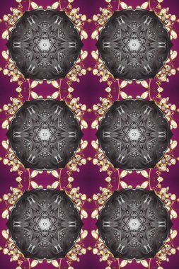 Raster illüstrasyonu. Kusursuz klasik raster altın desenli. Klasik klasik klasik arka plan. Geleneksel oryantasyon süsü. Gri, mor ve kahverengi renklerde altın elementlerle kusursuz desen.