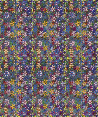 Raster deseni. Yumuşak, bahar çiçekleri mavi ve yeşil renklerde. Raster illüstrasyonu. Patlayan çiçekler soyut yerleştirilmiş.