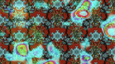 Tekstil tasarımı için mavi ve kahverengi renkli geleneksel halk çiçekleri. Üzerinde gelincikler ve vadi zambakları olan renkli çiçek desenli nakış..