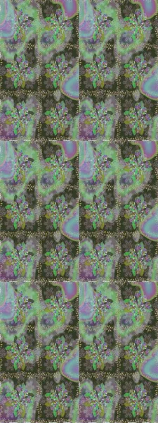 Raster Floral Illustration, Asyalı tekstil. Yeşil renkli etnik çiçeklerle kusursuz bir desen..