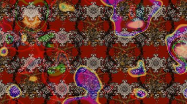 Modern çiçek arkaplanı. Parlak renkli çiçekleri ve kahverengi, kırmızı ve gri renkte yaprakları olan harika bir çiçek deseni. Halk tarzı. Moda baskıları için zarif bir şablon.