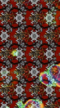 Raster Floral Illustration, Asyalı tekstil. Gri, kahverengi ve kırmızı renkte etnik çiçeklerle zarif bir eskiz deseni..