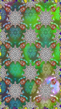 Patlayan çiçekler soyut olarak yerleştirilmiş. Raster illüstrasyonu. Yeşil ve gri renklerde bahar çiçekleri. Raster deseni.