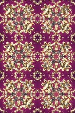 Klasik klasik klasik arka plan. Geleneksel oryantasyon süsü. Klasik raster sarısı, kusursuz desen. Mor, bej ve kahverengi renklerde altın elementlerle kusursuz desen.