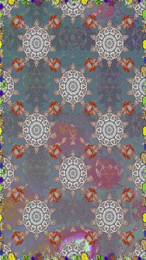 Gri ve nötr renklerde Asya tekstil tarzında. Kusursuz çiçek deseni. Raster illüstrasyonu.