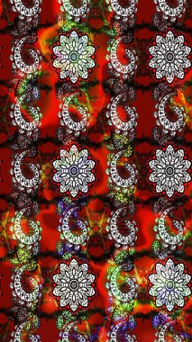 Düz Çiçek Elementleri Tasarımı. Güzel kumaş deseni. Çiçek desenli çizim. Asya tekstil tarzında. Renkli Bahar Teması eskiz kalıbı. Raster illüstrasyonu.