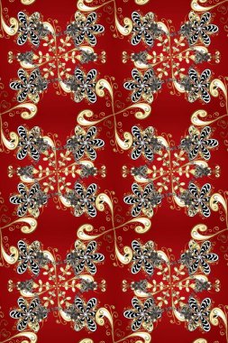 Geleneksel raster ve altın desen. Klasik oryantal desen kırmızı, kahverengi ve bej renkler üzerinde. Damask pürüzsüz süsü.