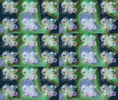 Çiçek yeşili ve mavi çizim deseni. Raster Yumuşak kumaş deseni. Raster çiçek izi. Klasik taslak çizimi.