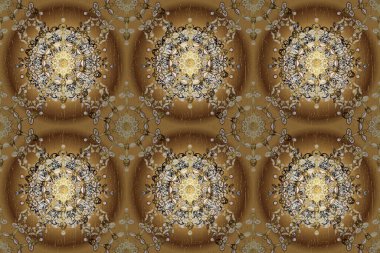 Raster illüstrasyonu. Kahverengi ve bej renkli, altın elementli klasik, pürüzsüz desen.