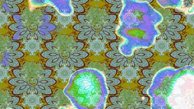 Yeşil ve mavi renkli bitkilerden oluşan parlak çiçekli çizim deseni.