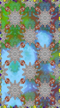 Raster illüstrasyonu. Renkli Bahar Temalı Kusursuz Arkaplan. Karalama çiçeği. Düz Çiçek Elementleri Tasarımı. Zentangle soyut çiçekleri. Şirin kumaş deseni.